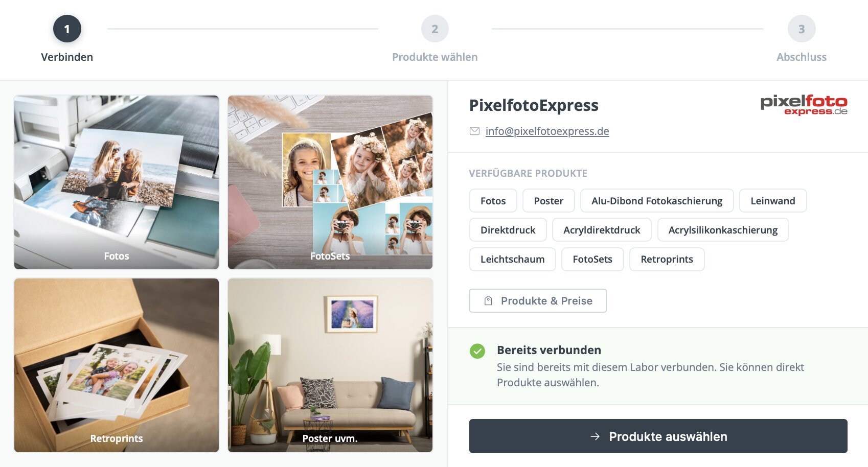 Verknüpfungs-Assistent: PixelfotoExpress im COPPIO Marktplatz verbinden und Produkte auswählen
